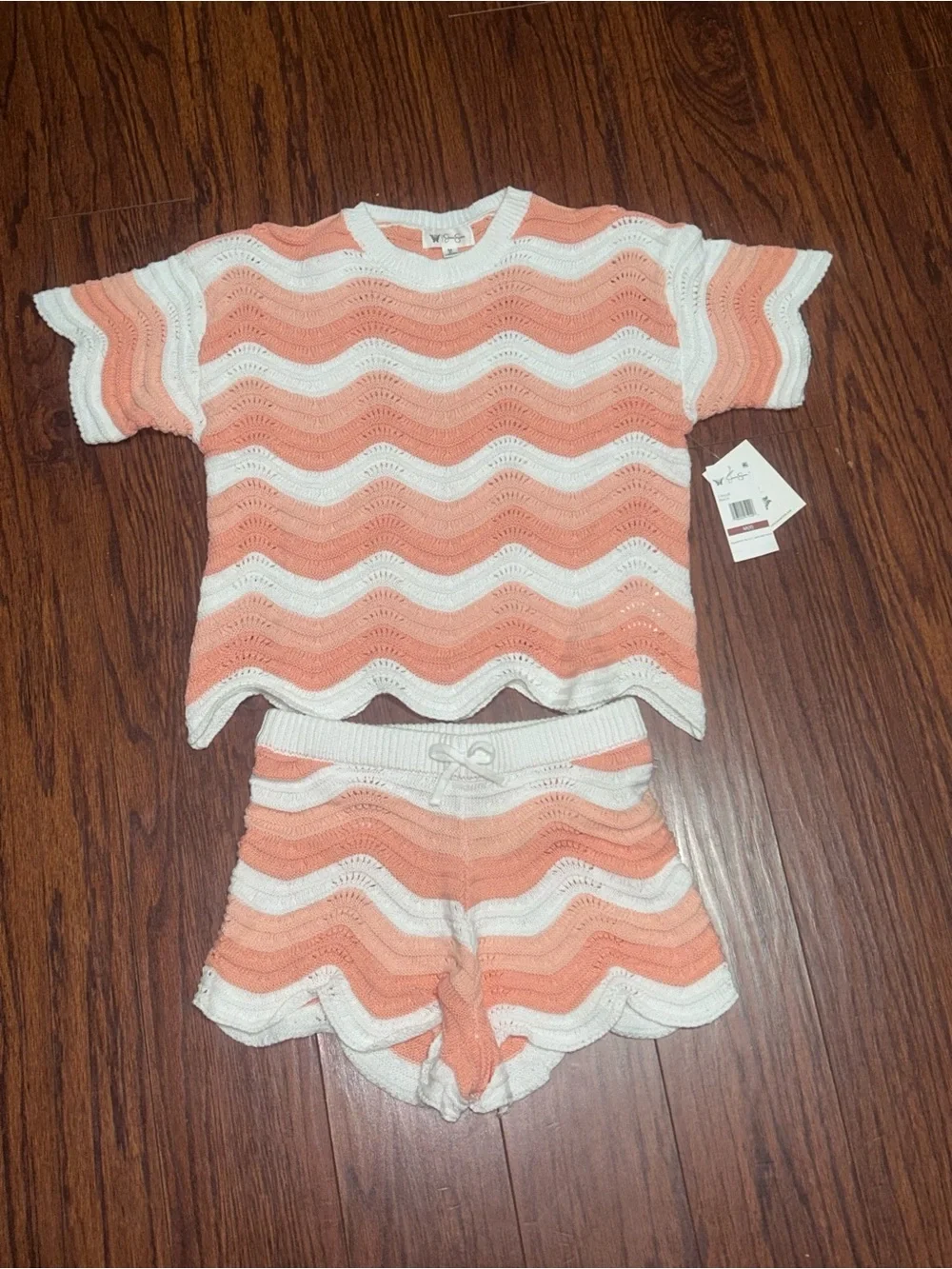 Jessica Simpson Peach & White Crochet Wave Short Set